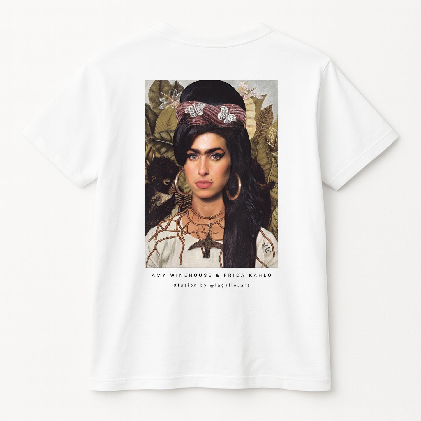 amiseta orgánica unisex LA GALLO ART – diseño “Amy Kahlo” (dorso), algodón 180 g, Medium Fit, Color: Blanco