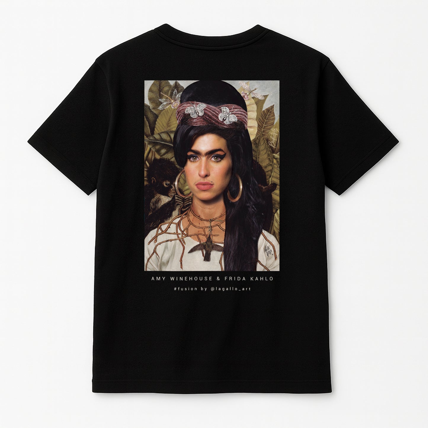 amiseta orgánica unisex LA GALLO ART – diseño “Amy Kahlo” (dorso), algodón 180 g, Medium Fit, Color: Negro
