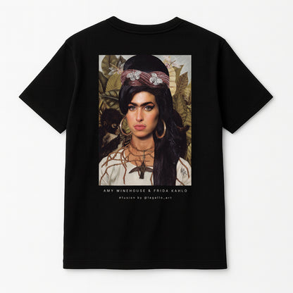 amiseta orgánica unisex LA GALLO ART – diseño “Amy Kahlo” (dorso), algodón 180 g, Medium Fit, Color: Negro