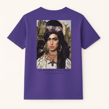 amiseta orgánica unisex LA GALLO ART – diseño “Amy Kahlo” (dorso), algodón 180 g, Medium Fit, Color: Purple Love