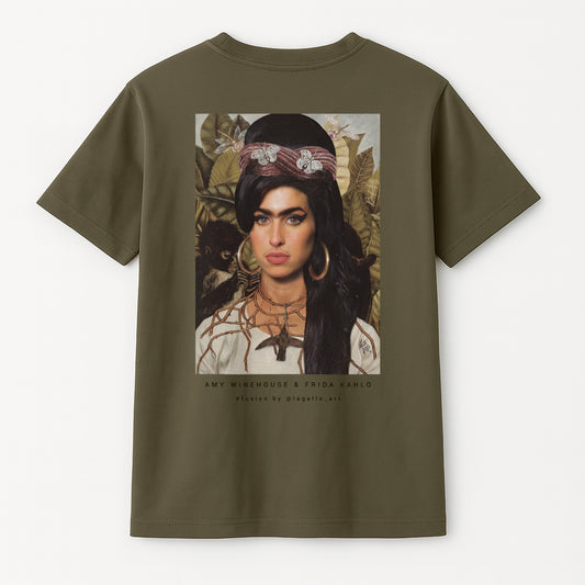 amiseta orgánica unisex LA GALLO ART – diseño “Amy Kahlo” (dorso), algodón 180 g, Medium Fit, Color: Verde Khaki