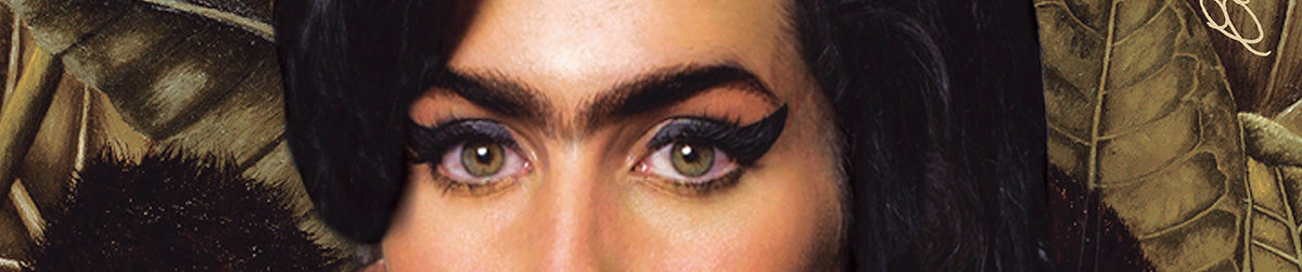 Detalle de los ojos de la obra “Amy Kahlo” de Carolina Gallo. Fusión entre Amy Winehouse y Frida Kahlo que dio origen a LA GALLO ART.