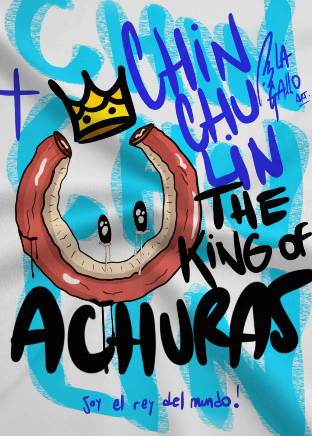 Detalle de la ilustración trasera del diseño “Chinchulín” sobre camiseta blanca. Impresión artística de alta calidad.