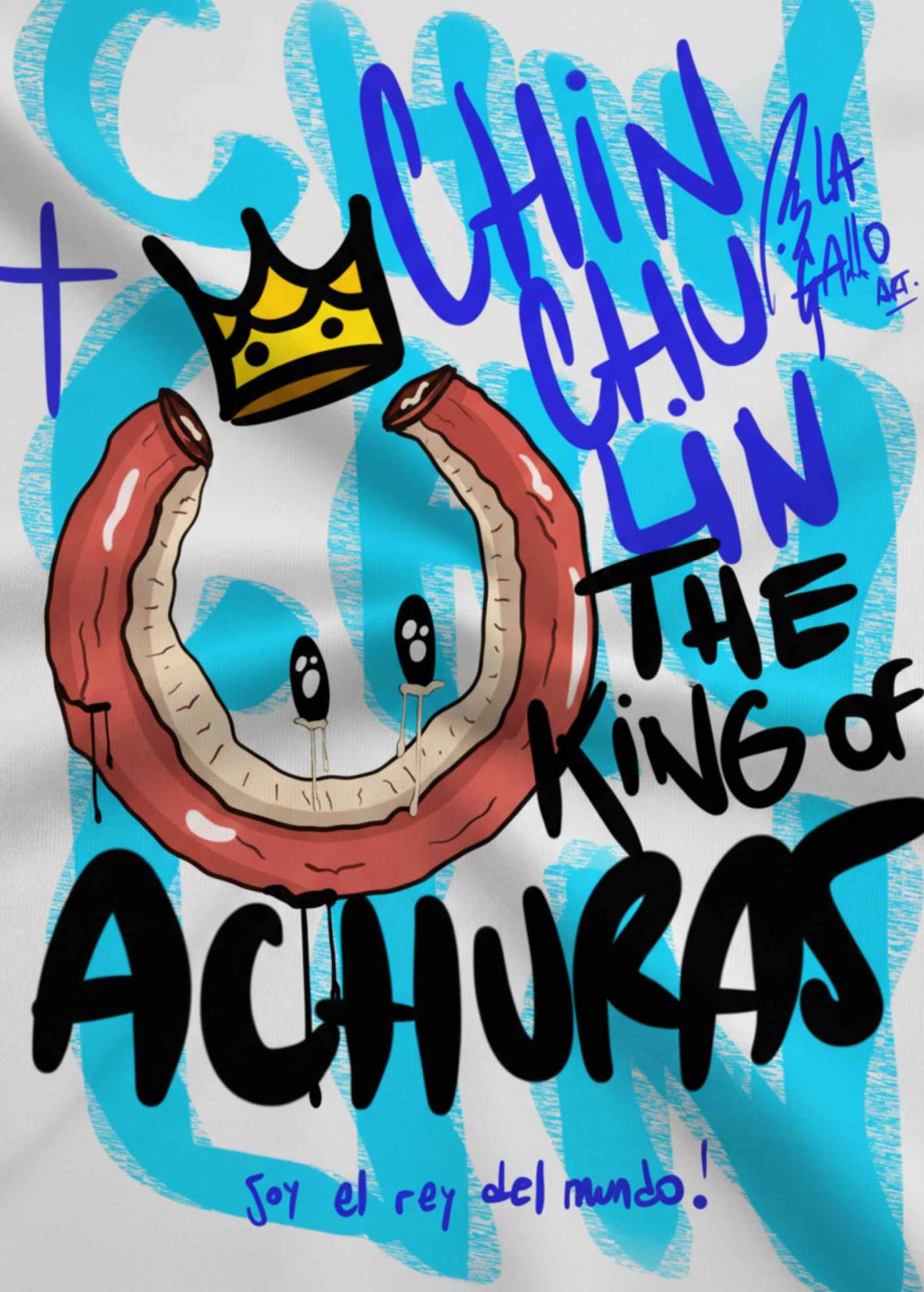 Detalle de la ilustración trasera del diseño “Chinchulín” sobre camiseta blanca. Impresión artística de alta calidad.