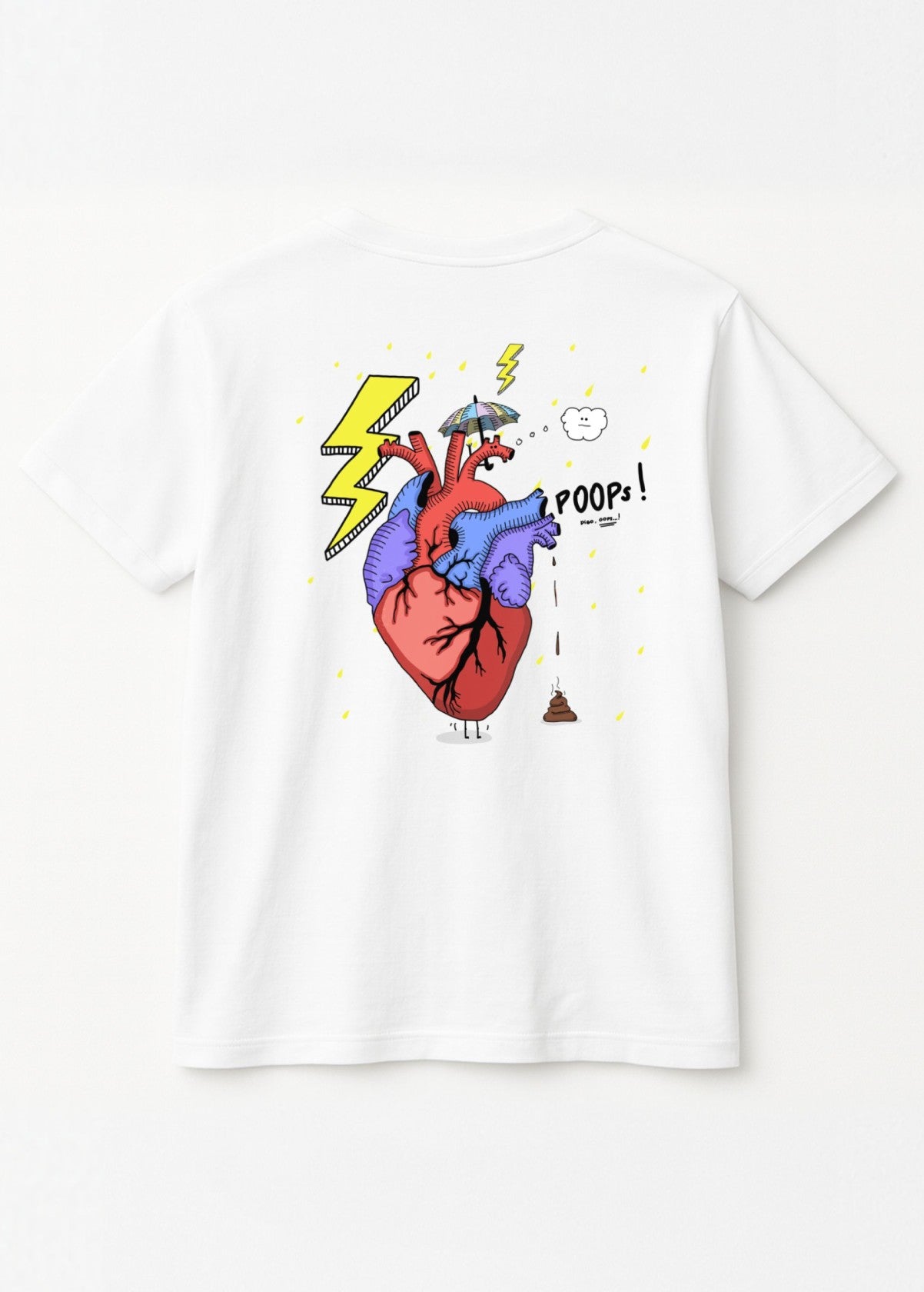 Camiseta unisex “Corazón” blanca, vista de espalda. Diseño artístico impreso sobre algodón ecológico.