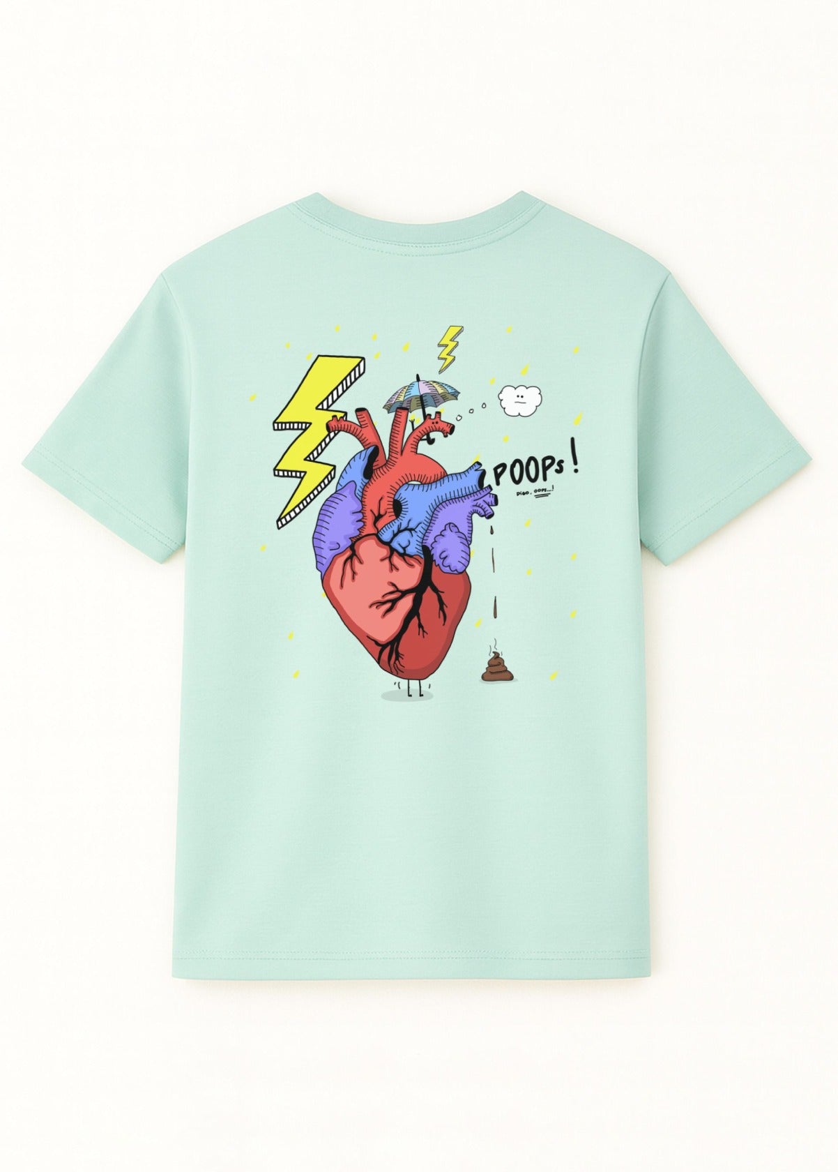 Camiseta unisex “Corazón” color Caribbean Blue, vista de espalda. Estampado artístico sobre algodón ecológico.
