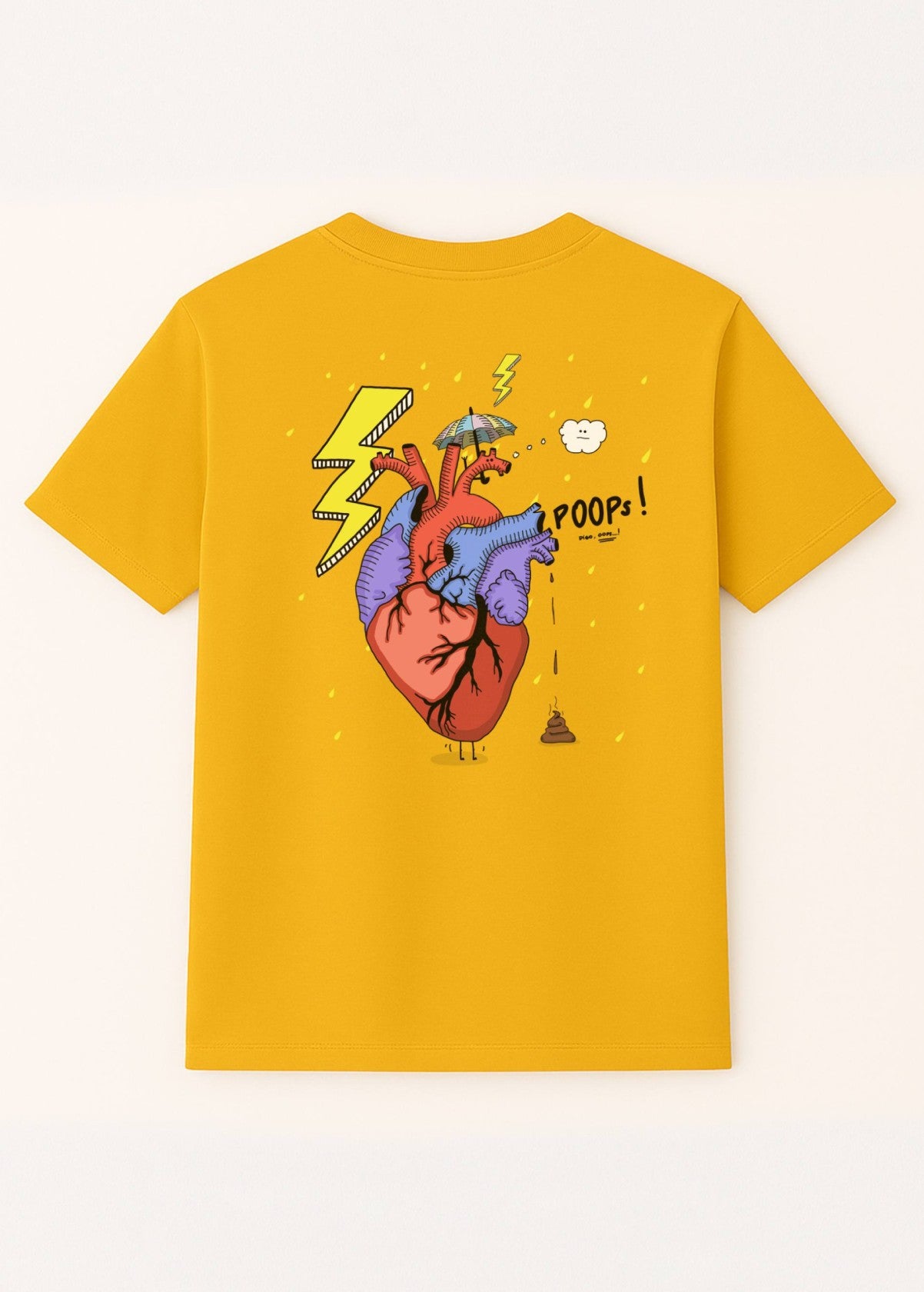 Camiseta unisex “Corazón” color Spectra Yellow, vista de espalda. Estampado artístico impreso en algodón ecológico.