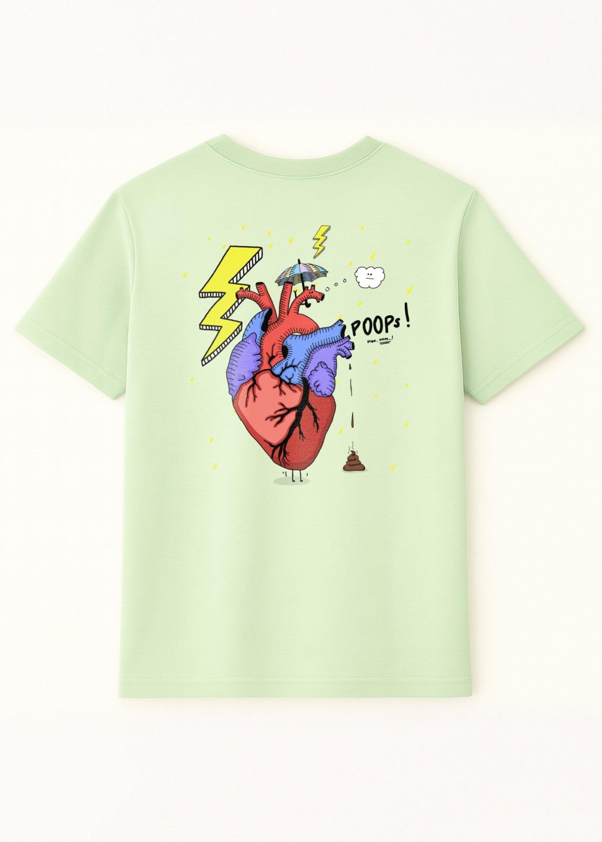 Camiseta unisex “Corazón” color Stem Green, vista de espalda. Diseño original impreso en algodón orgánico.