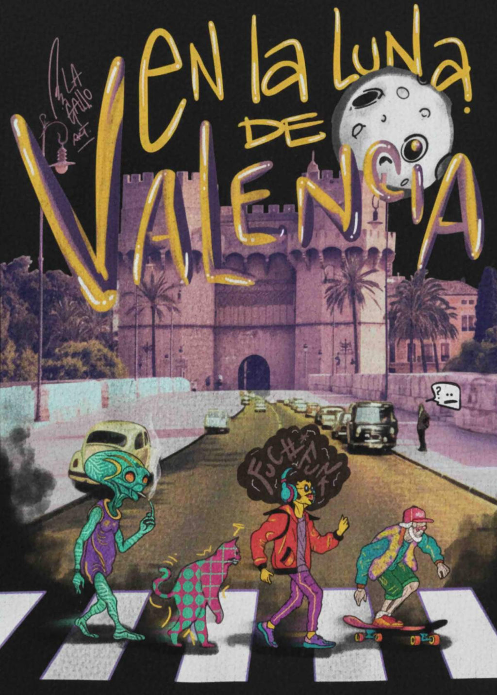 Detalle de estampado posterior del diseño “En la luna de Valencia”. Acabado artístico y colores nítidos sobre tejido orgánico.
