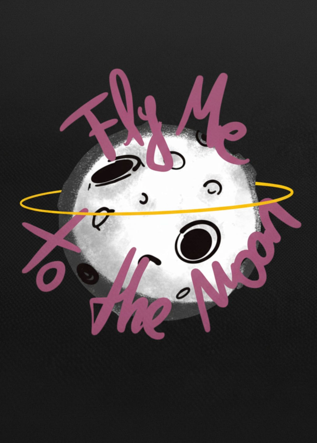 Detalle frontal del diseño “En la luna de Valencia” en camiseta unisex color negro. Textura e impresión de arte digital independiente.