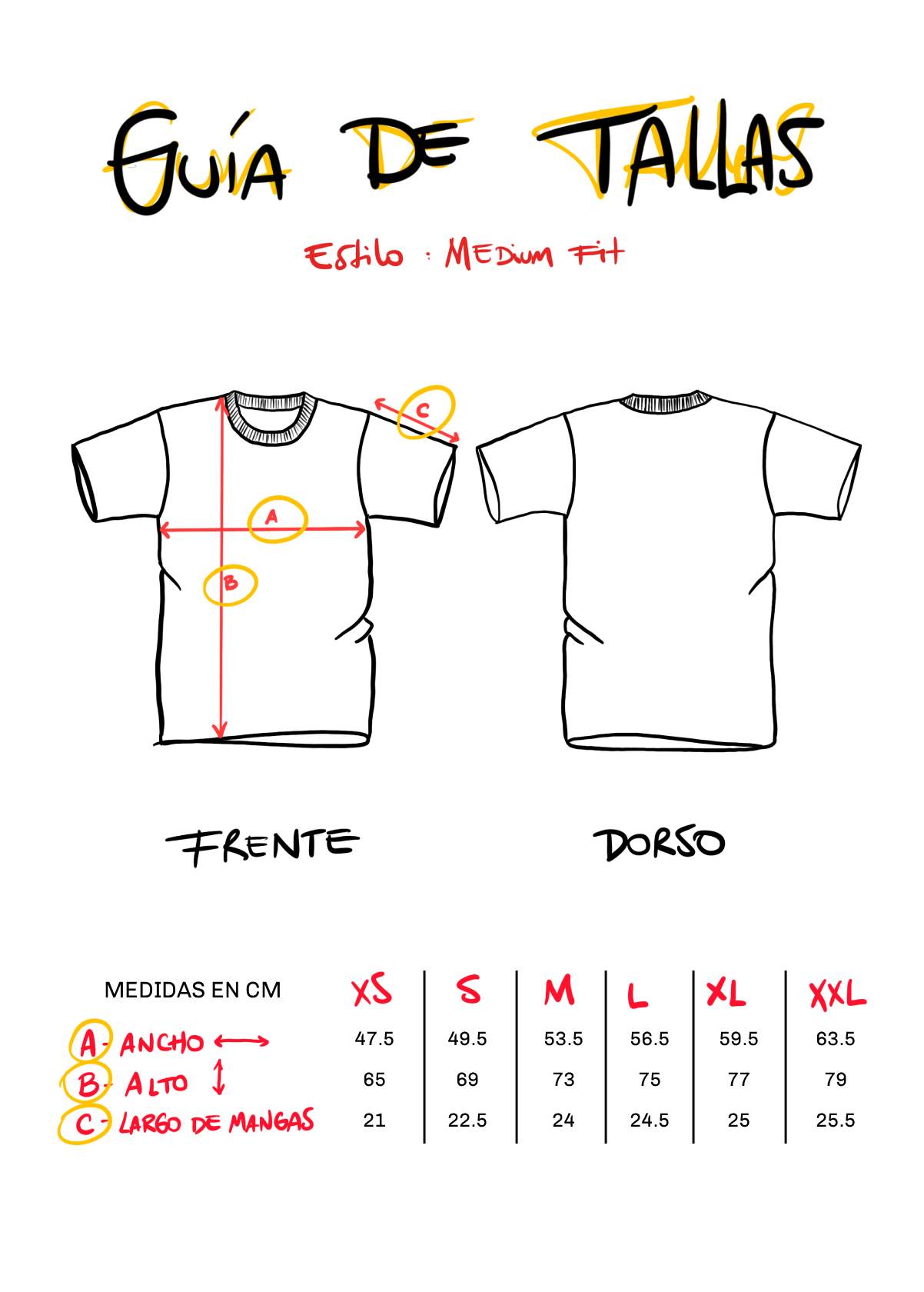 Guía de tallas camiseta medium fit unisex en centímetros plantilla.