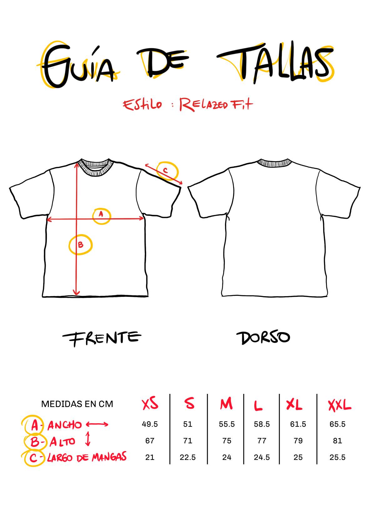 Guía de tallas camiseta relaxed fit unisex en centímetros plantilla.