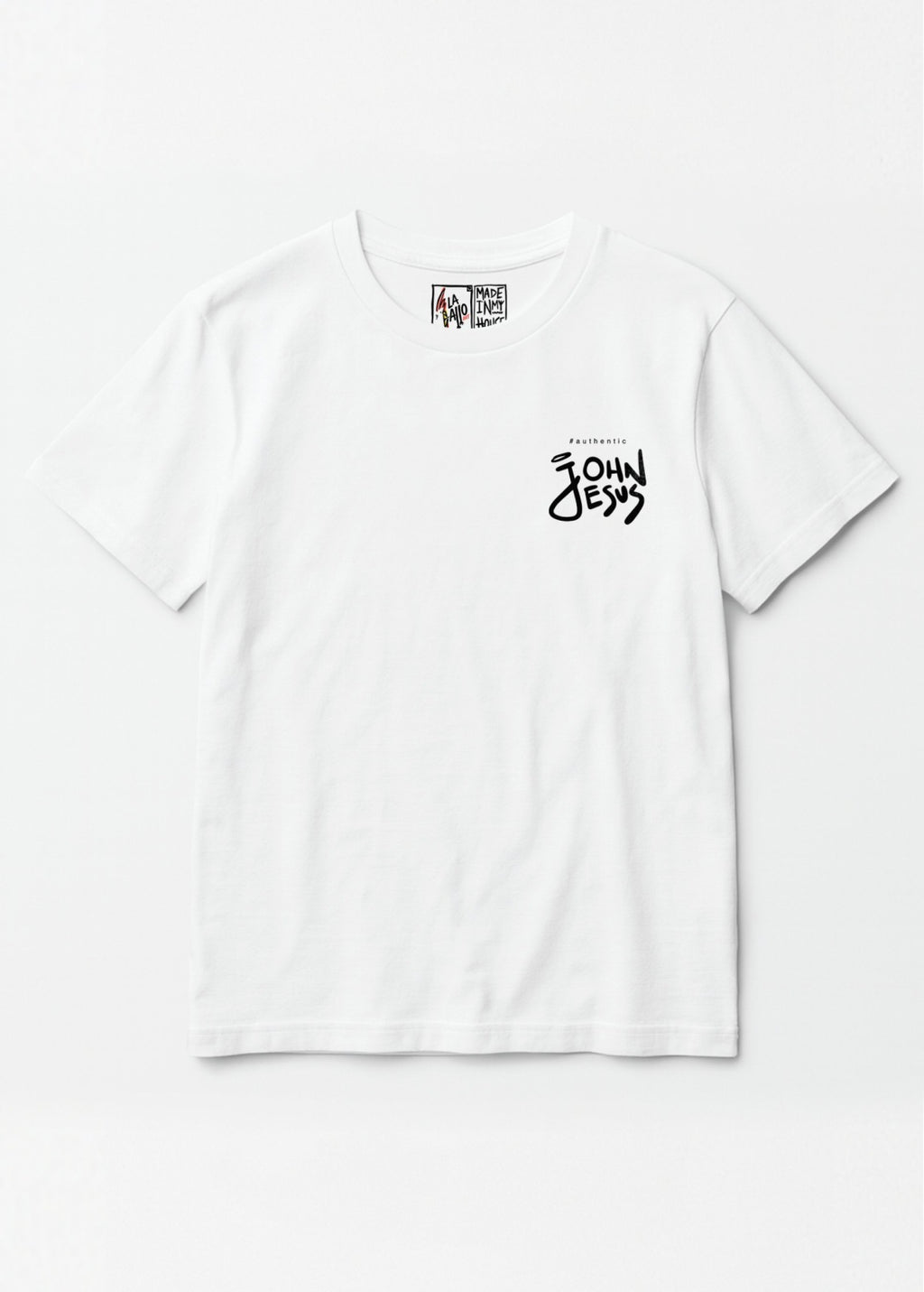 Camiseta orgánica unisex John Jesus blanca – arte digital independiente LA GALLO ART