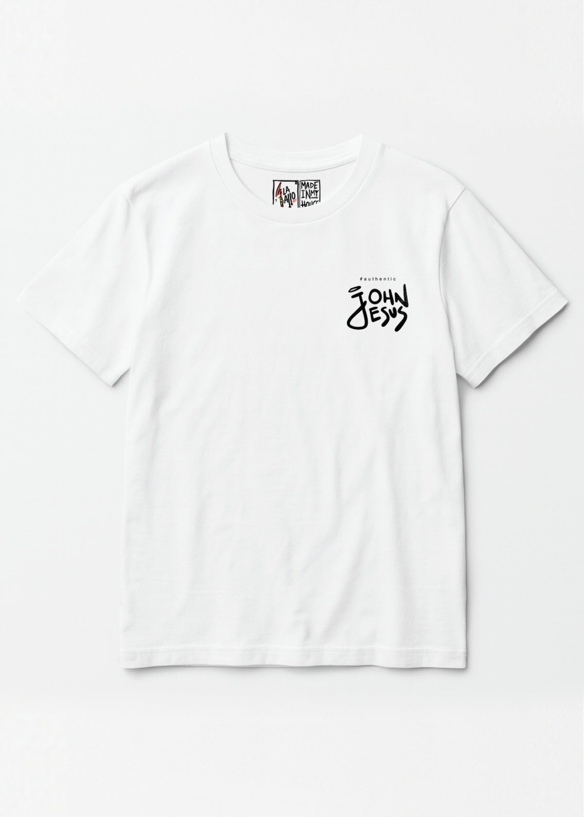 Camiseta orgánica unisex John Jesus blanca – arte digital independiente LA GALLO ART