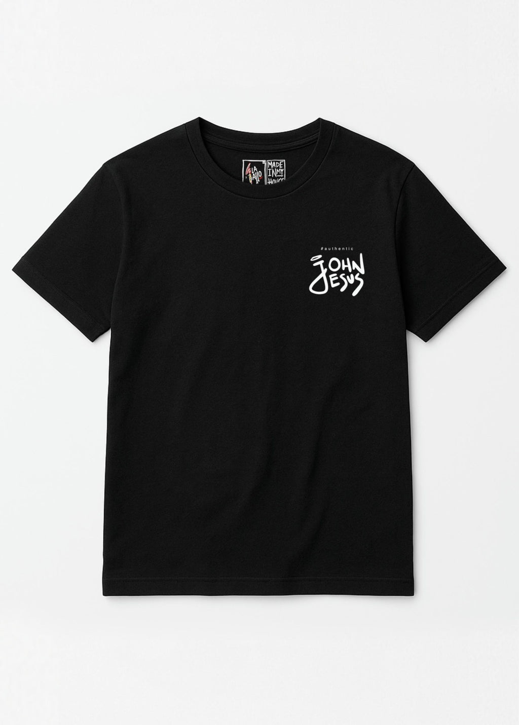 Camiseta orgánica unisex John Jesus vista de frente color negra – arte pop espiritual LA GALLO ART