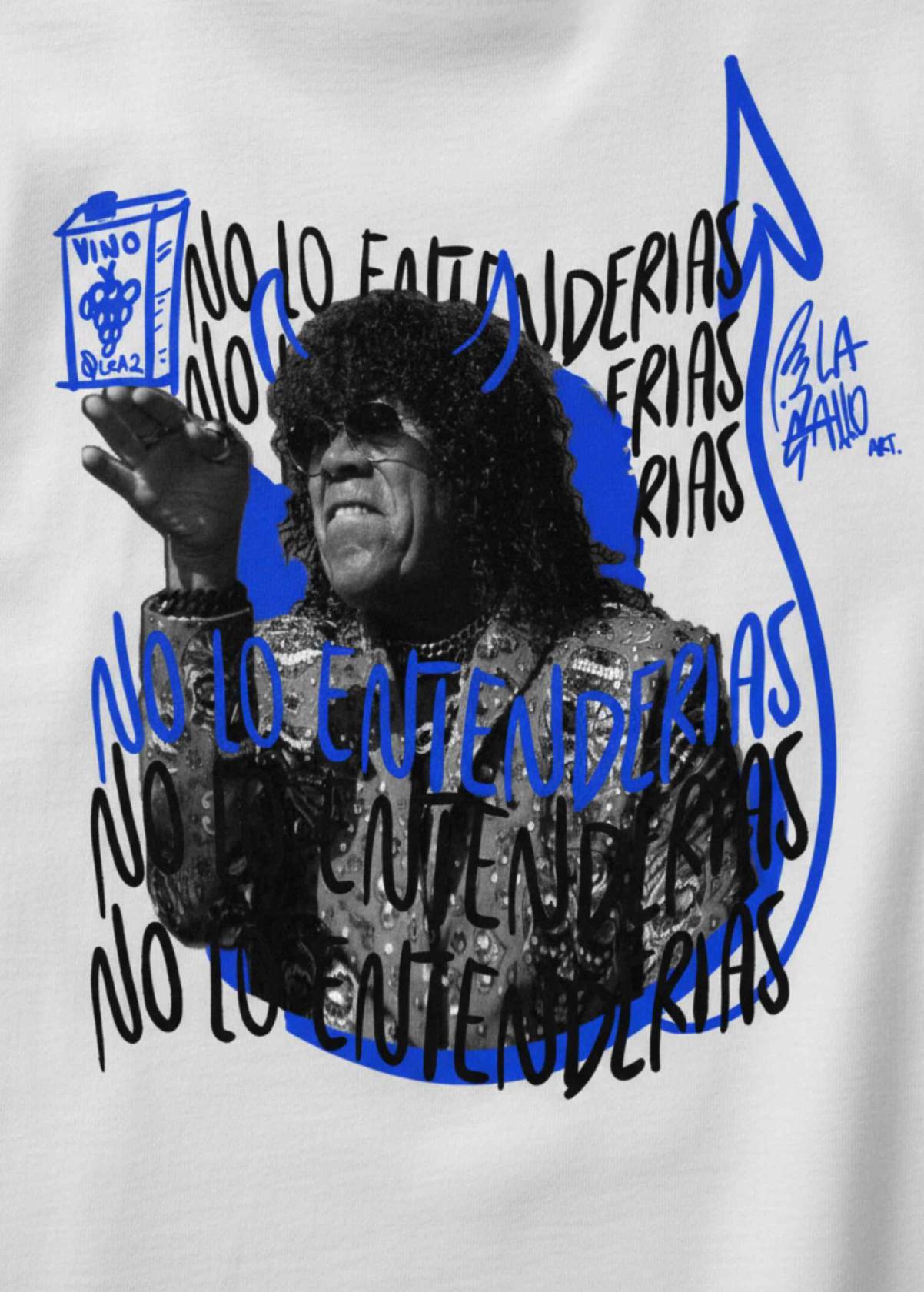 Detalle del estampado trasero de la camiseta “La Mona”. Textura y acabado orgánico con arte digital independiente.