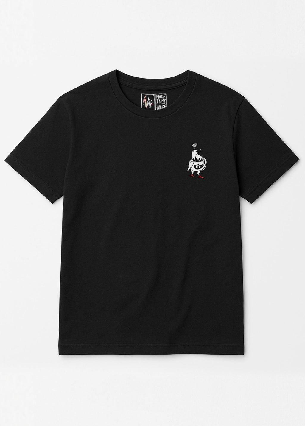 Camiseta unisex “Whisky” negra, vista de frente. Ilustración de LA GALLO ART en arte digital impresa sobre algodón ecológico.