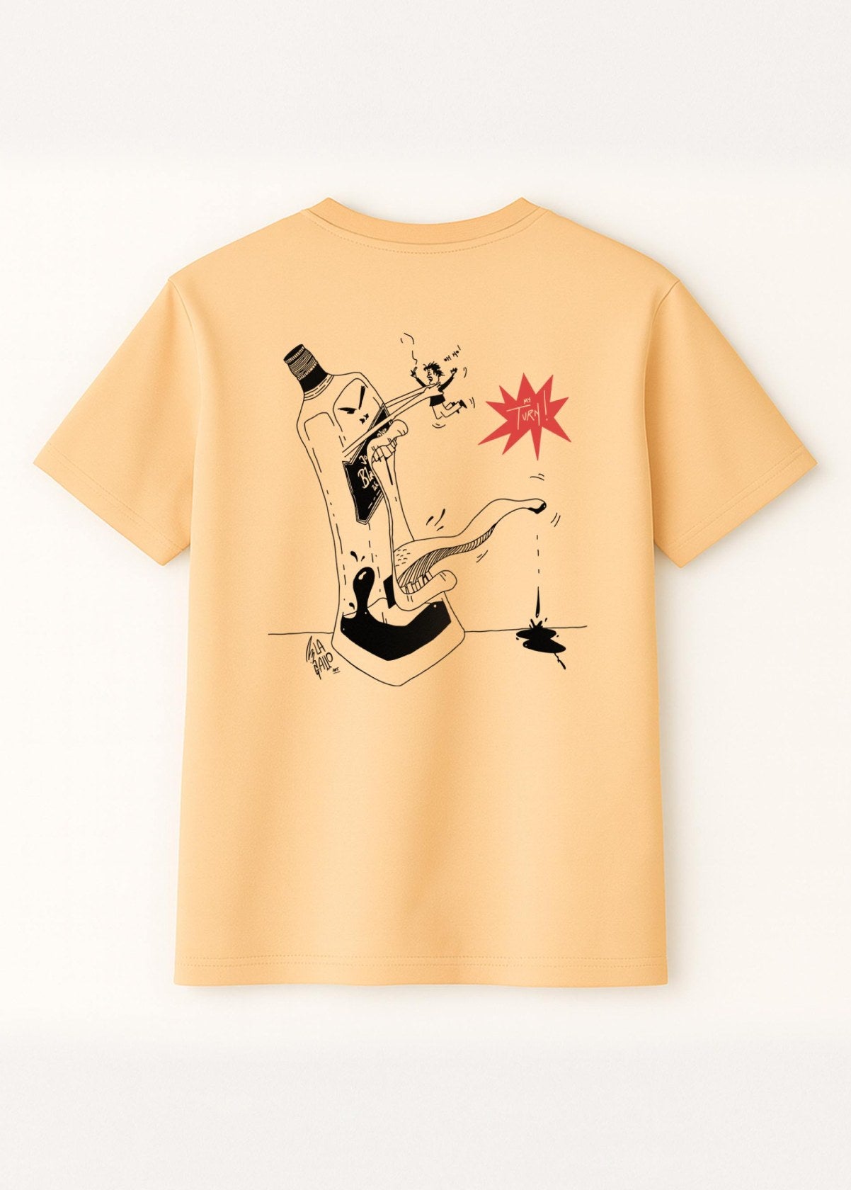 Camiseta unisex orgánica “Whisky” color Níspero, vista de espalda. Arte digital independiente con impresión de alta calidad.